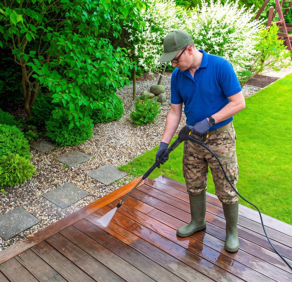 prop wash employee power washing wooden deck
