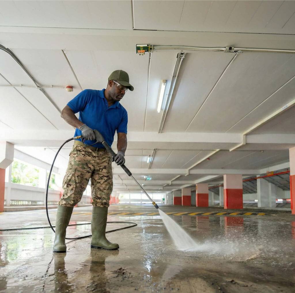 man power washing flooring in parking garage