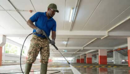 man power washing flooring in parking garage