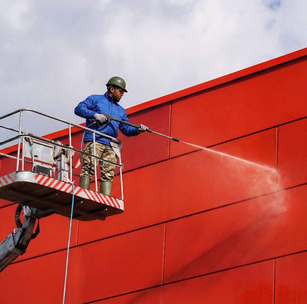 man power washing side of building