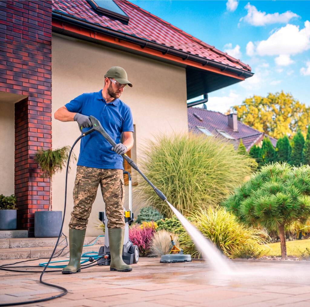 man washing residential patio