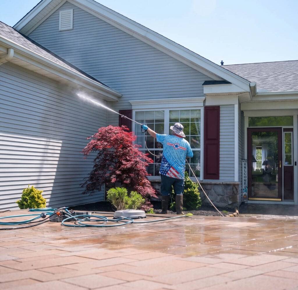 PROP WASH worker spraying dirt off home